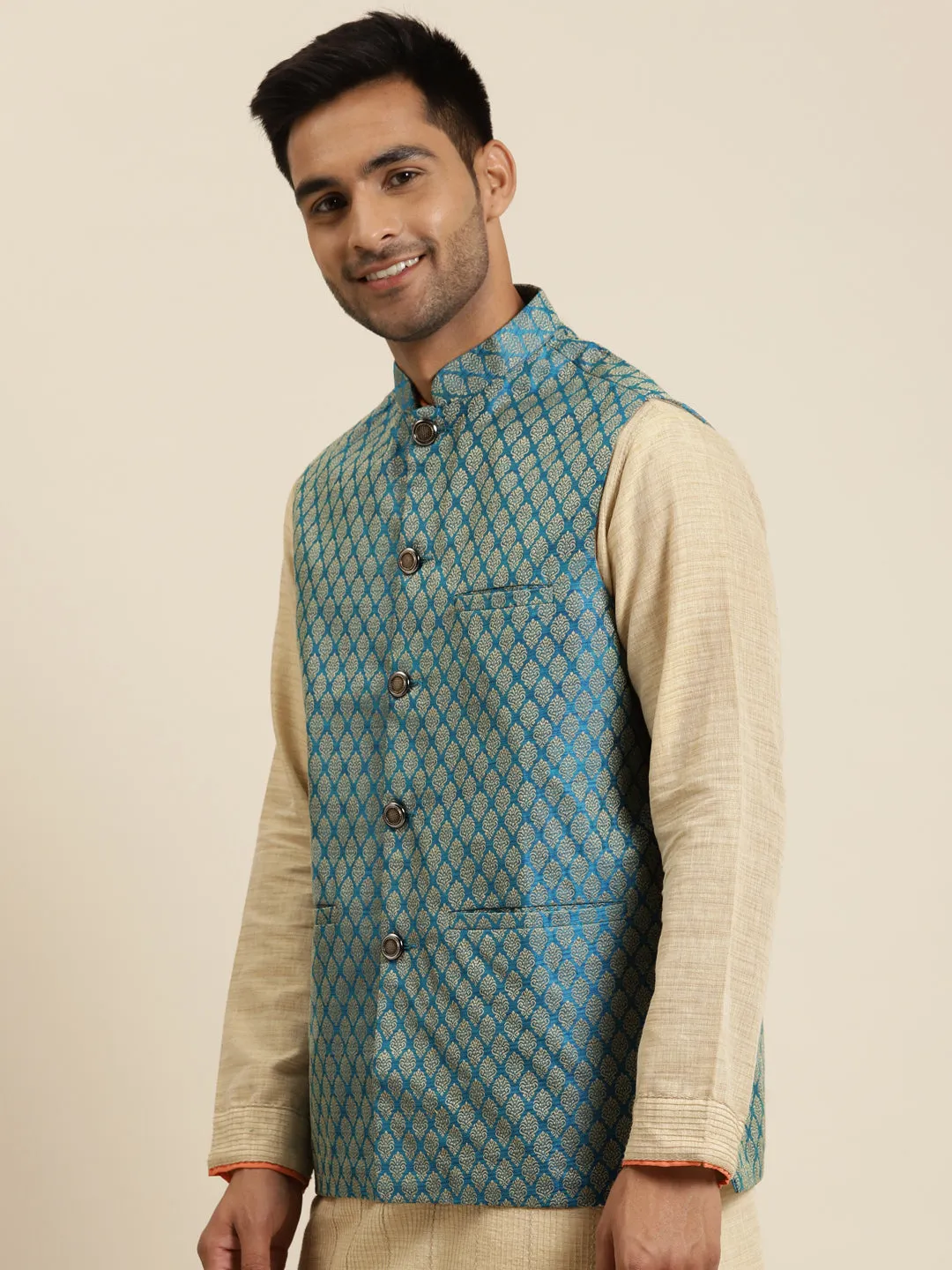 Men's Jacquard Silk Peacock Blue Self Design ONLY Nehrujacket - Sojanya