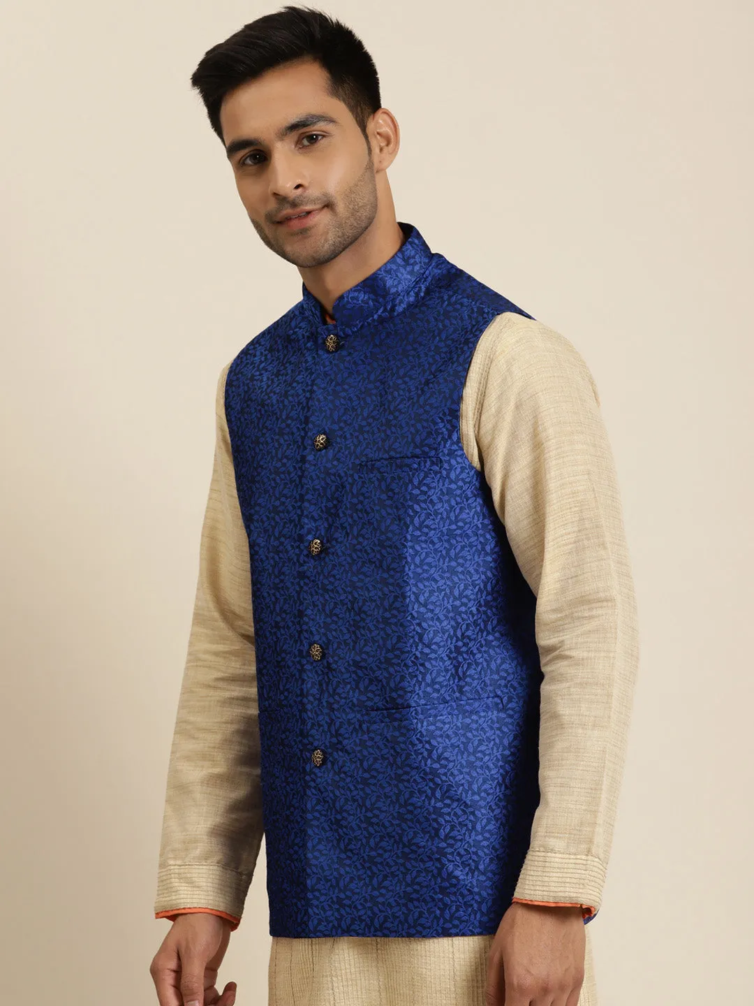 Men's Jacquard Silk Royal Blue Self Design ONLY Nehrujacket - Sojanya