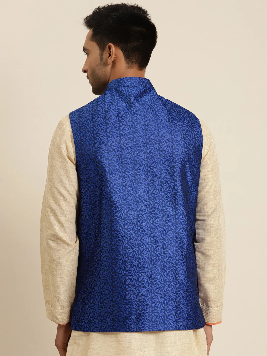 Men's Jacquard Silk Royal Blue Self Design ONLY Nehrujacket - Sojanya