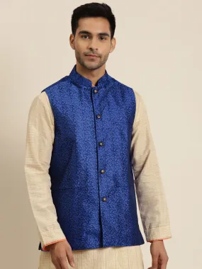 Men's Jacquard Silk Royal Blue Self Design ONLY Nehrujacket - Sojanya