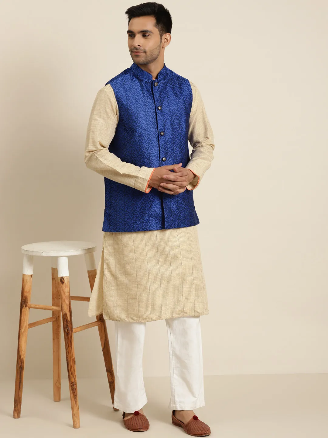 Men's Jacquard Silk Royal Blue Self Design ONLY Nehrujacket - Sojanya