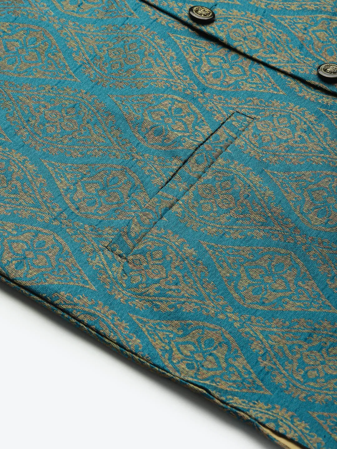 Men's Jacquard Silk Teal Blue & Gold Nehru Jacket - Sojanya