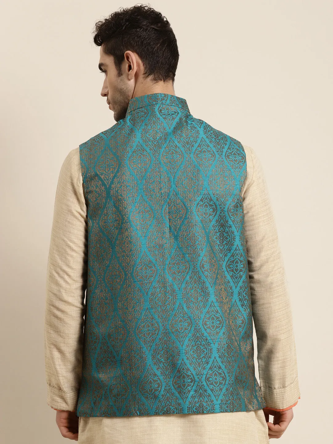 Men's Jacquard Silk Teal Blue & Gold Nehru Jacket - Sojanya