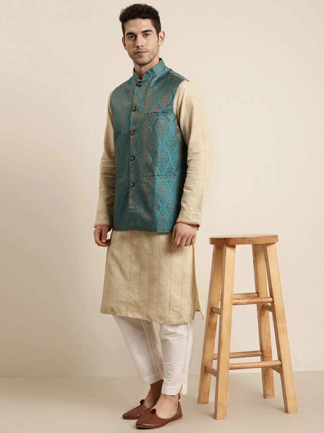 Men's Jacquard Silk Teal Blue & Gold Nehru Jacket - Sojanya