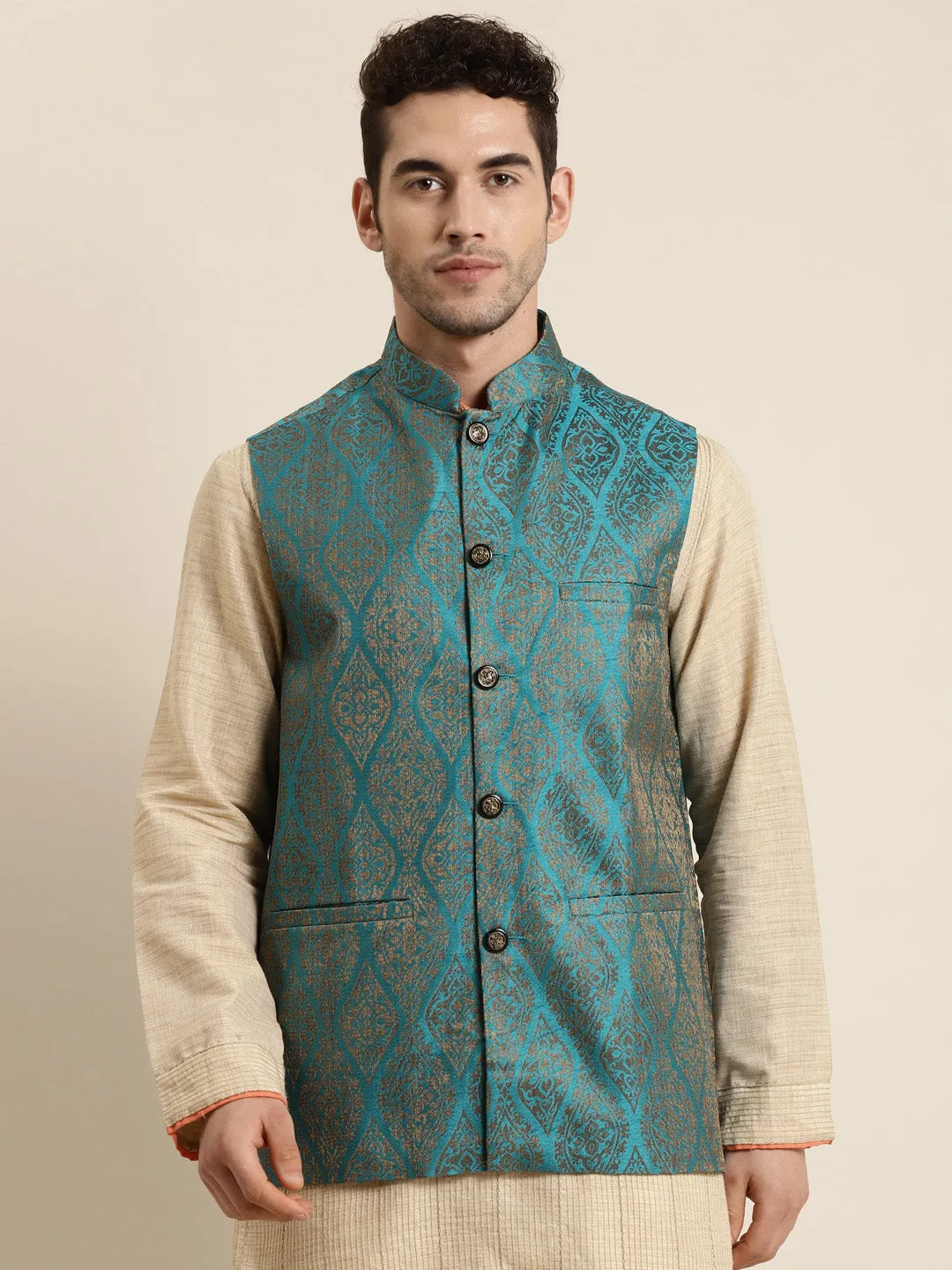 Men's Jacquard Silk Teal Blue & Gold Nehru Jacket - Sojanya