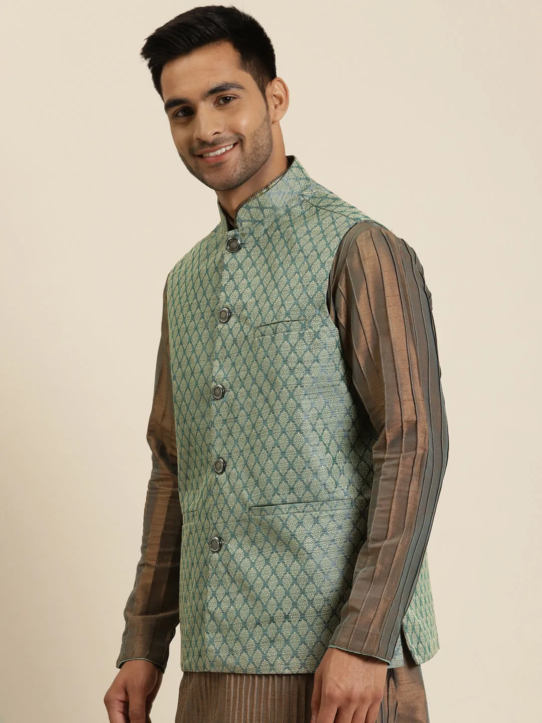 Men's Jacquard Silk Teal Green Self Design ONLY Nehrujacket - Sojanya