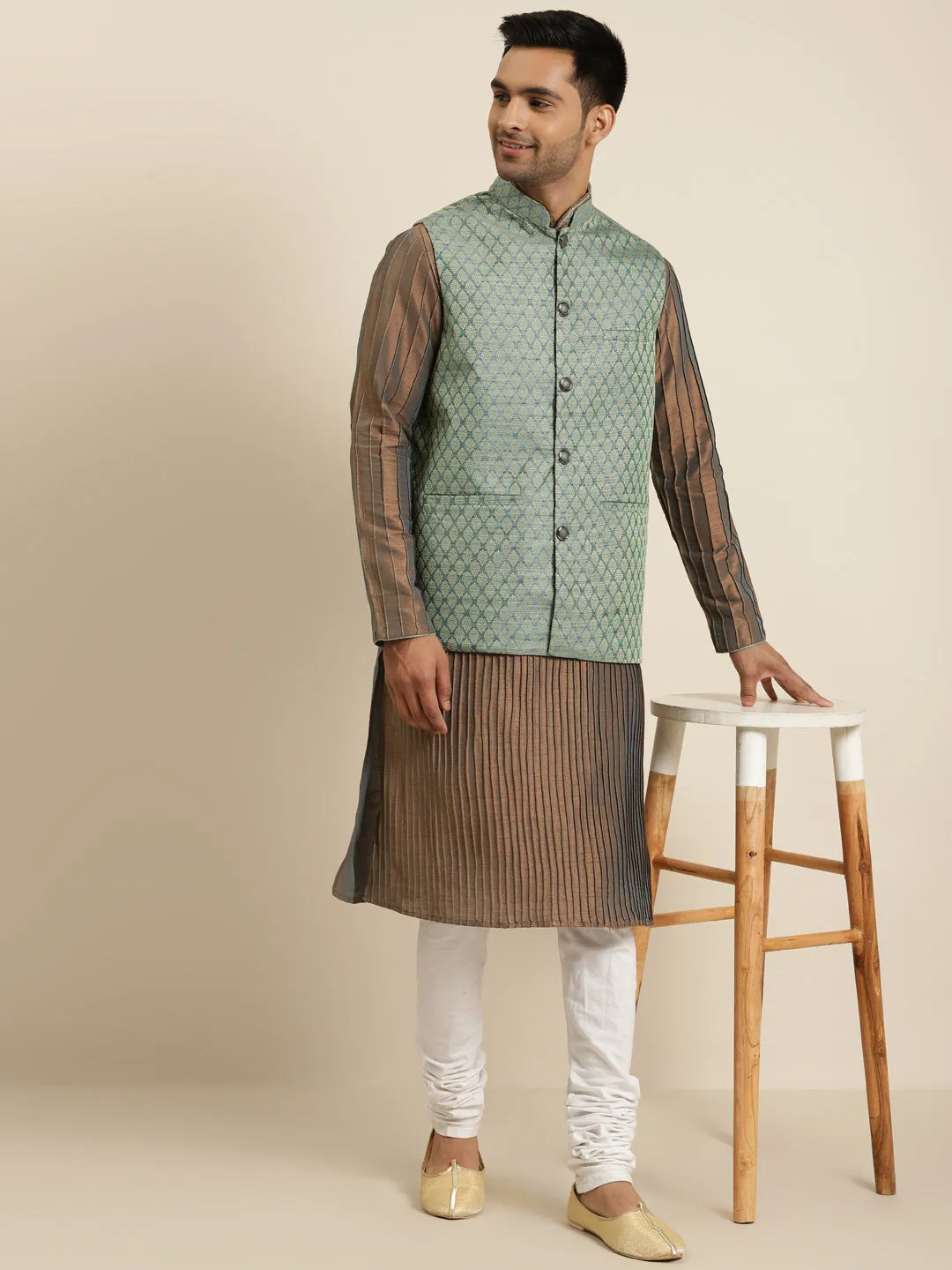 Men's Jacquard Silk Teal Green Self Design ONLY Nehrujacket - Sojanya