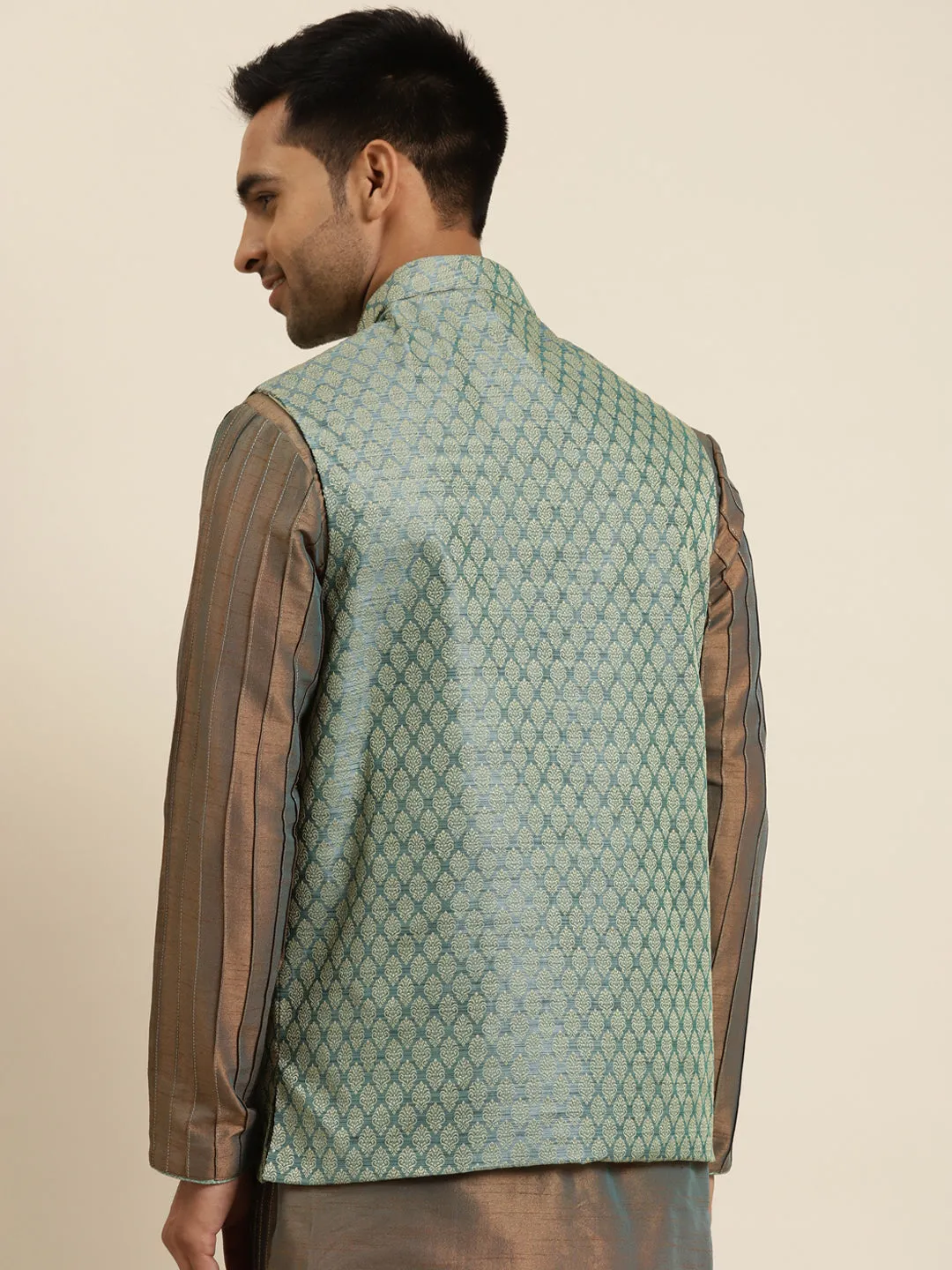 Men's Jacquard Silk Teal Green Self Design ONLY Nehrujacket - Sojanya