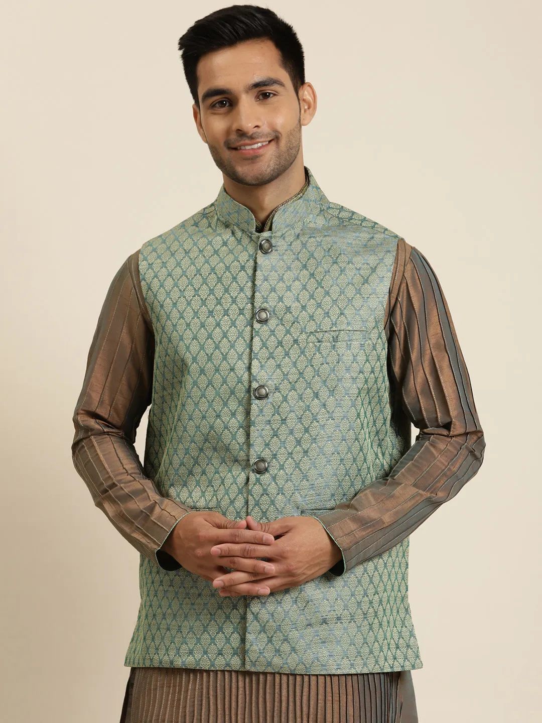 Men's Jacquard Silk Teal Green Self Design ONLY Nehrujacket - Sojanya