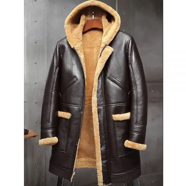 Mens RAF Hooded Shearling Fur Sheepskin Leather Long Jacket Winter Coat