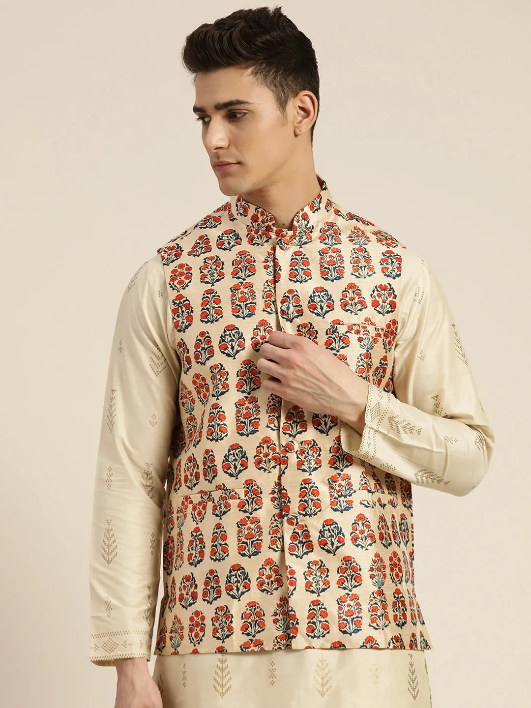 Men's Silk Blend Beige Printed Only Nehrujacket - Sojanya