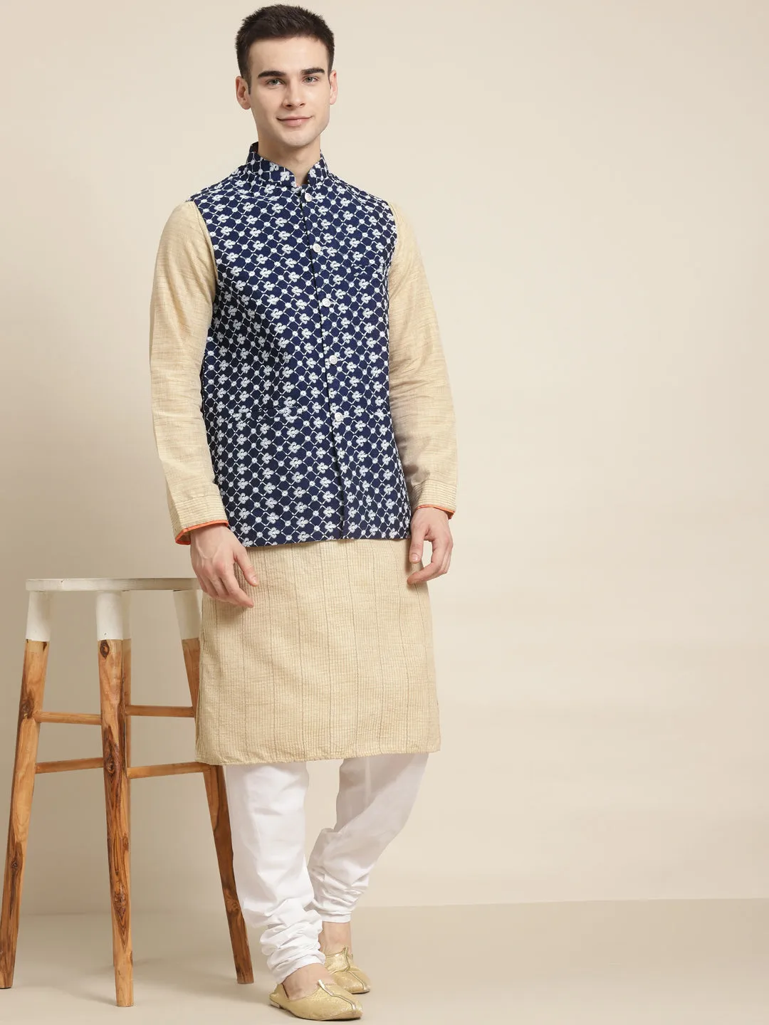 Men's Silk Blend Navy Blue Embroidered ONLY Nehrujacket - Sojanya