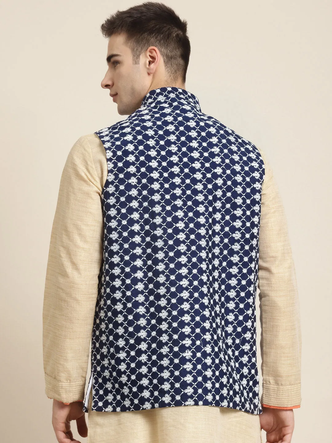 Men's Silk Blend Navy Blue Embroidered ONLY Nehrujacket - Sojanya