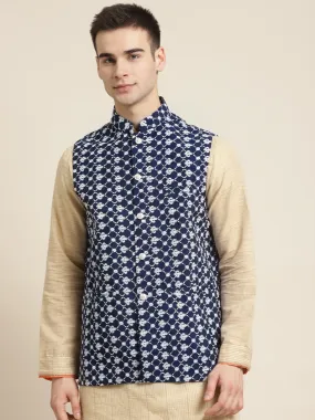 Men's Silk Blend Navy Blue Embroidered ONLY Nehrujacket - Sojanya