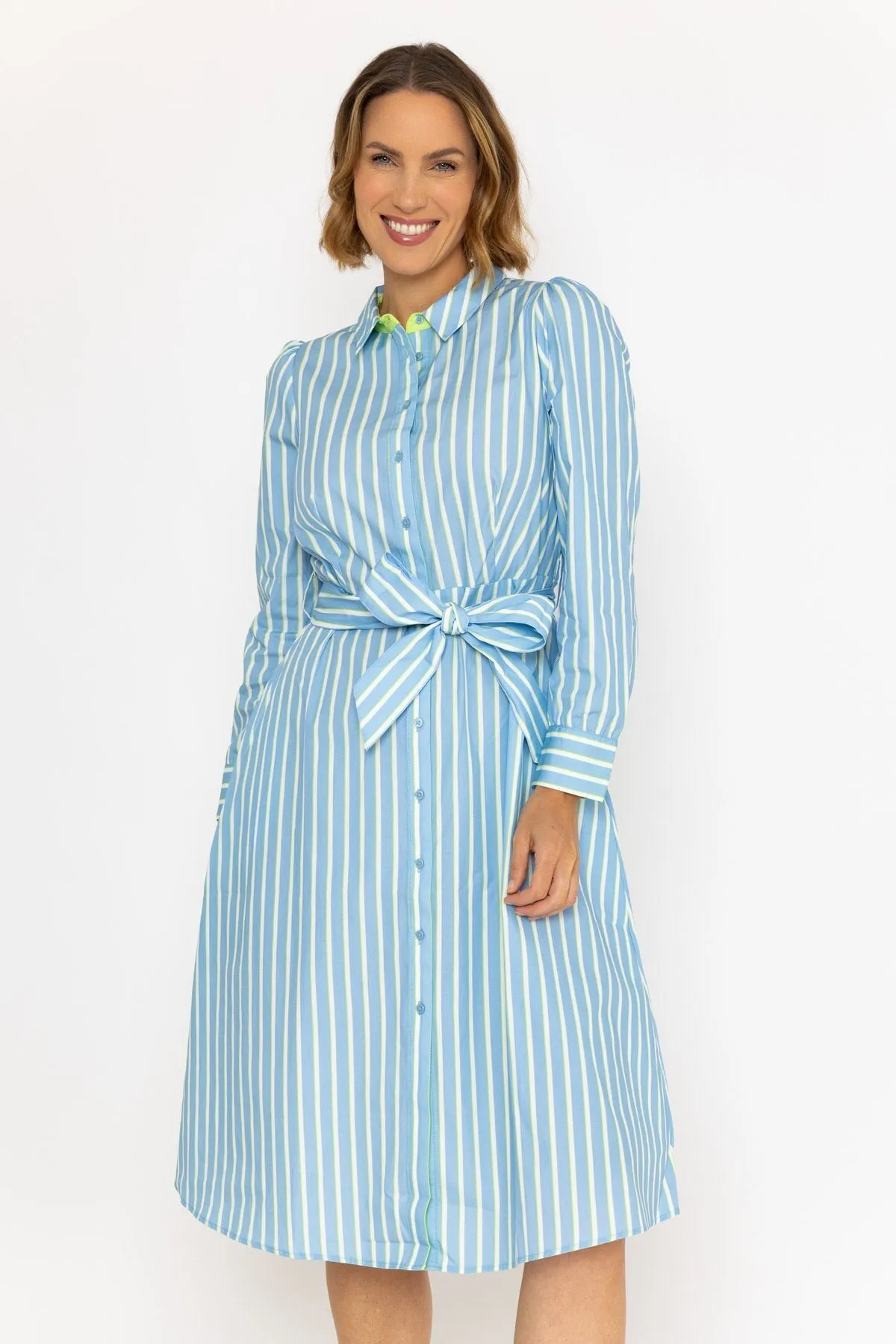 Midi Blue Striped Shirt Dress