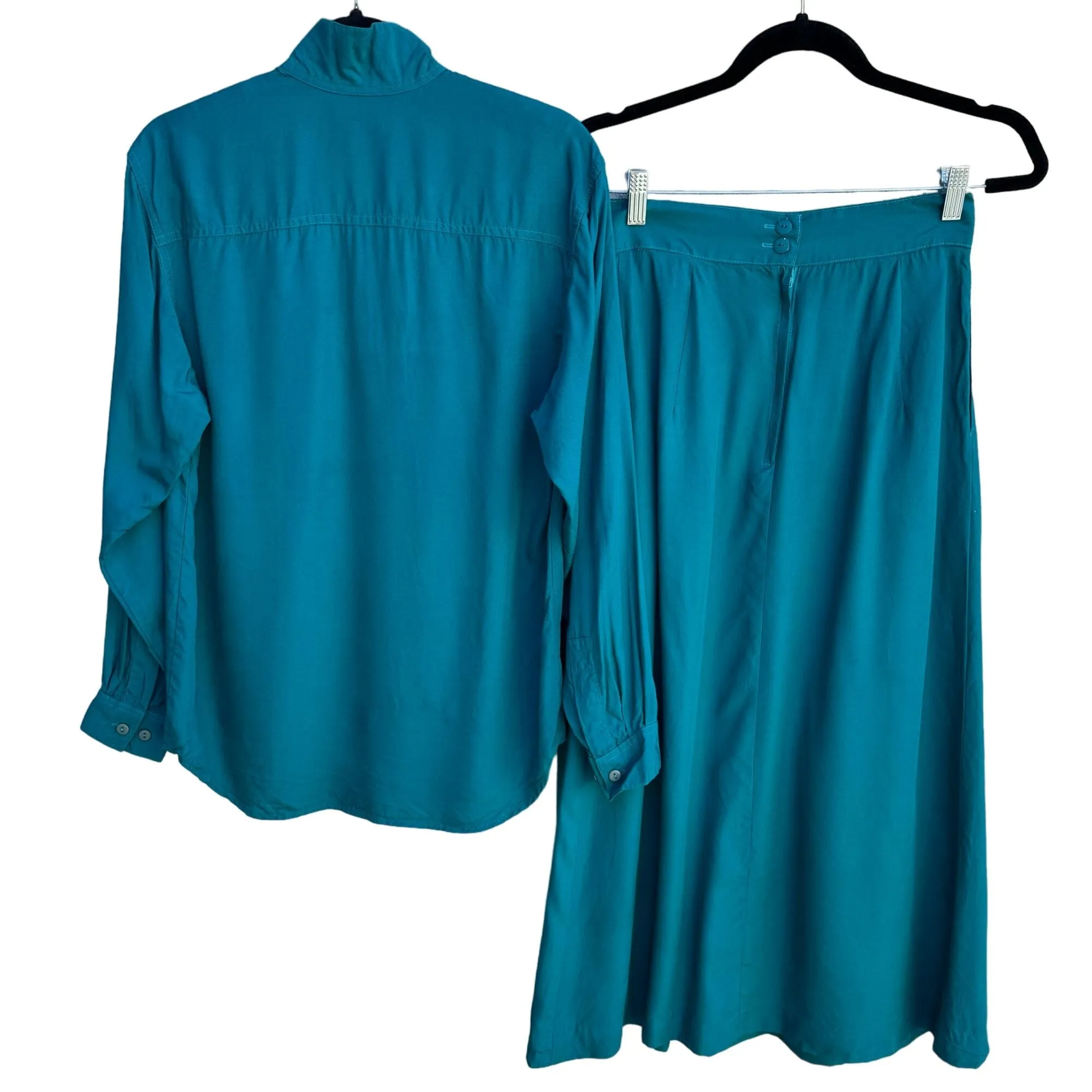 Mixit Vintage Womens Boho Teal Button-Up High Collar Shirt Pleated Skirt Set