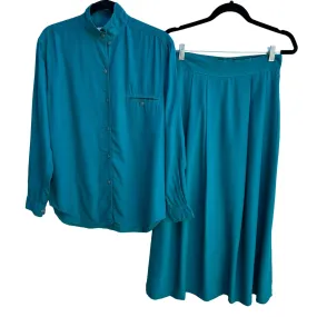 Mixit Vintage Womens Boho Teal Button-Up High Collar Shirt Pleated Skirt Set