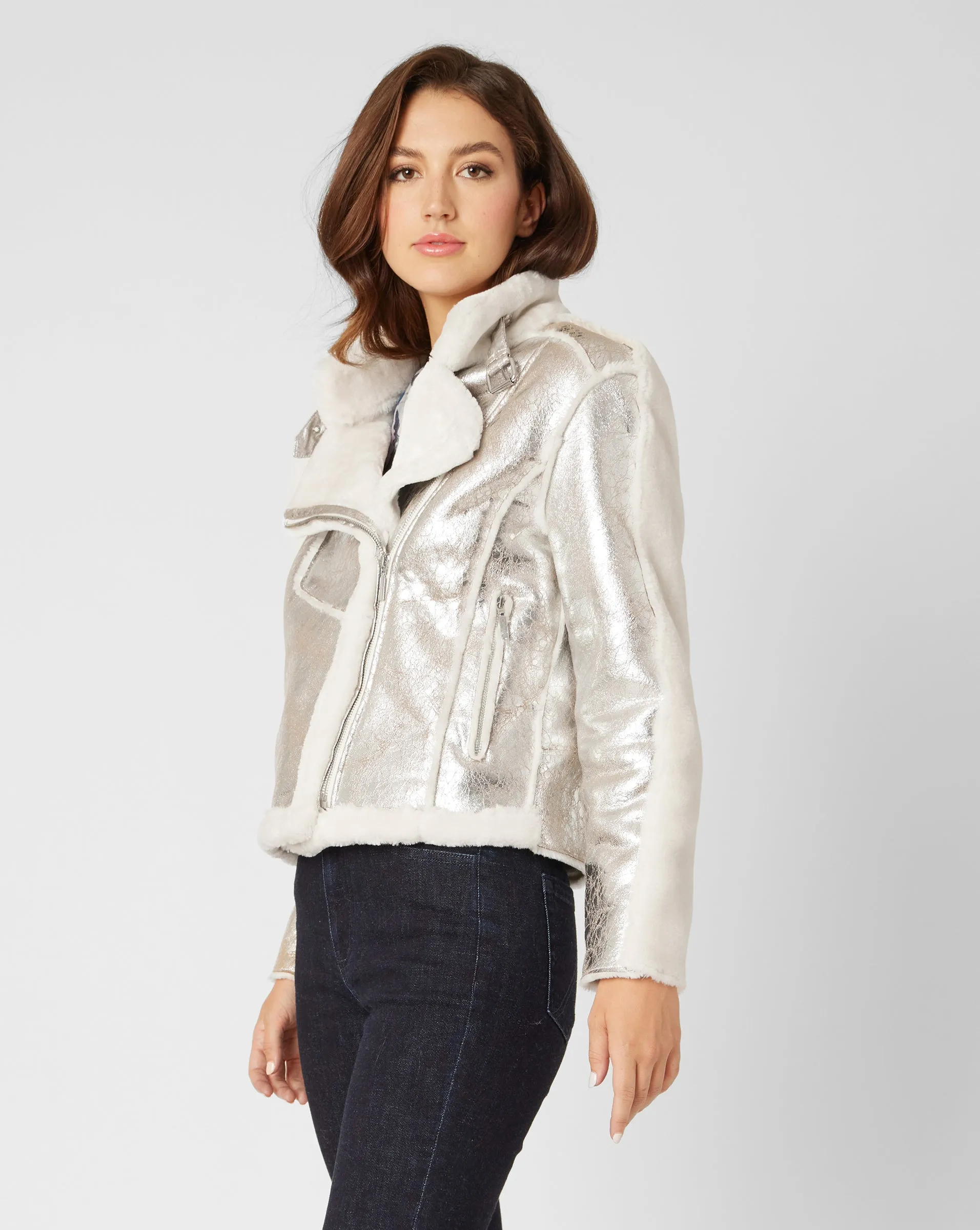 Moonstone Metallic Faux Shearling Moto Jacket