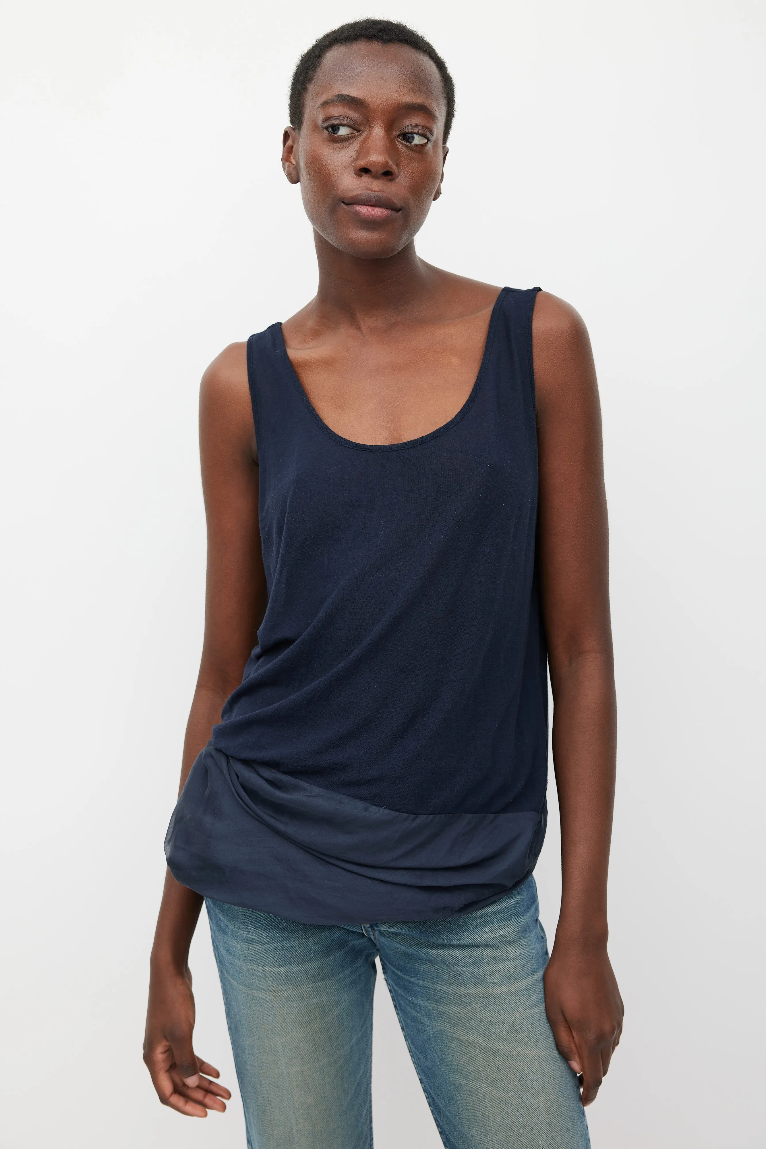 Navy Silk & Cotton Layered Top