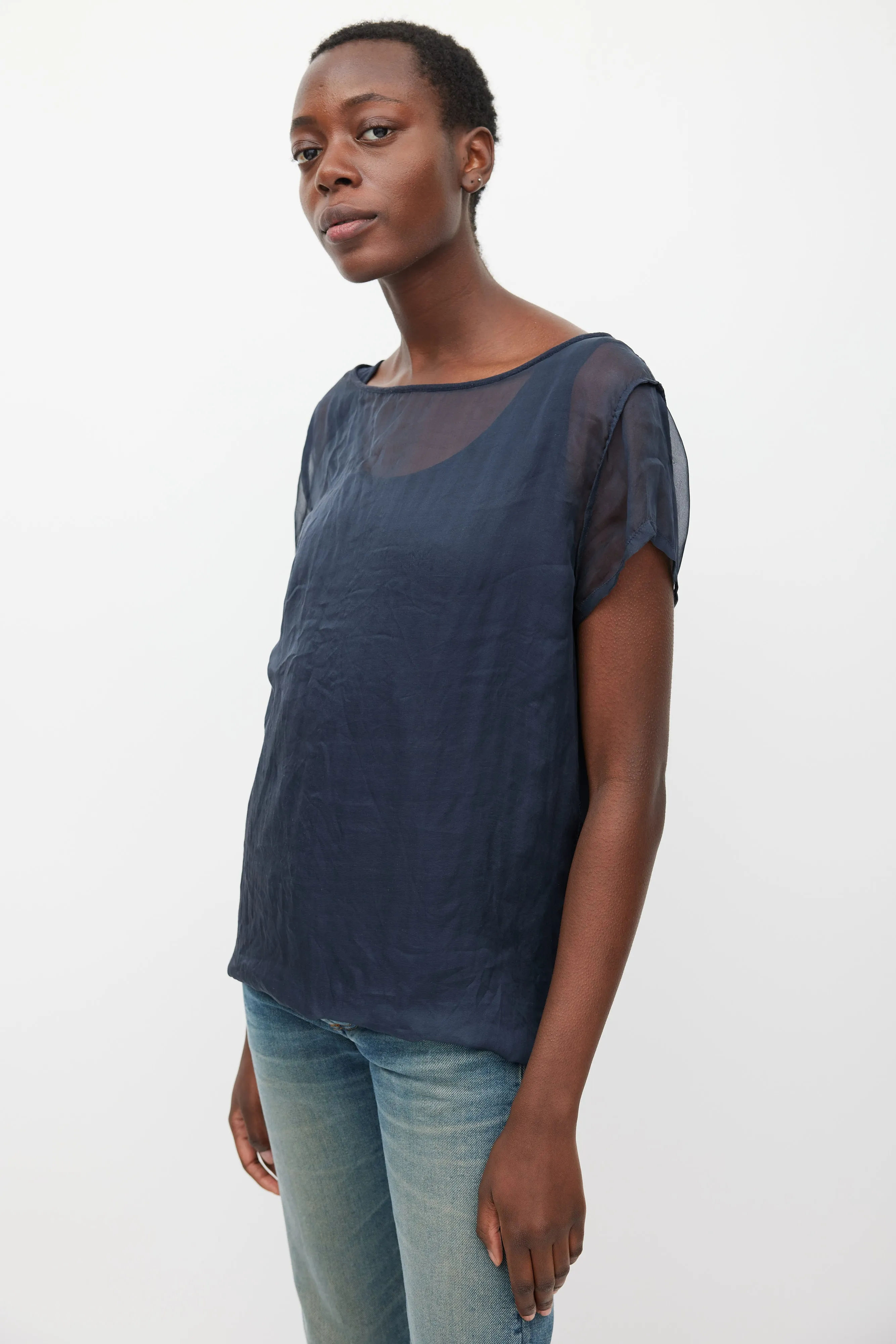 Navy Silk & Cotton Layered Top