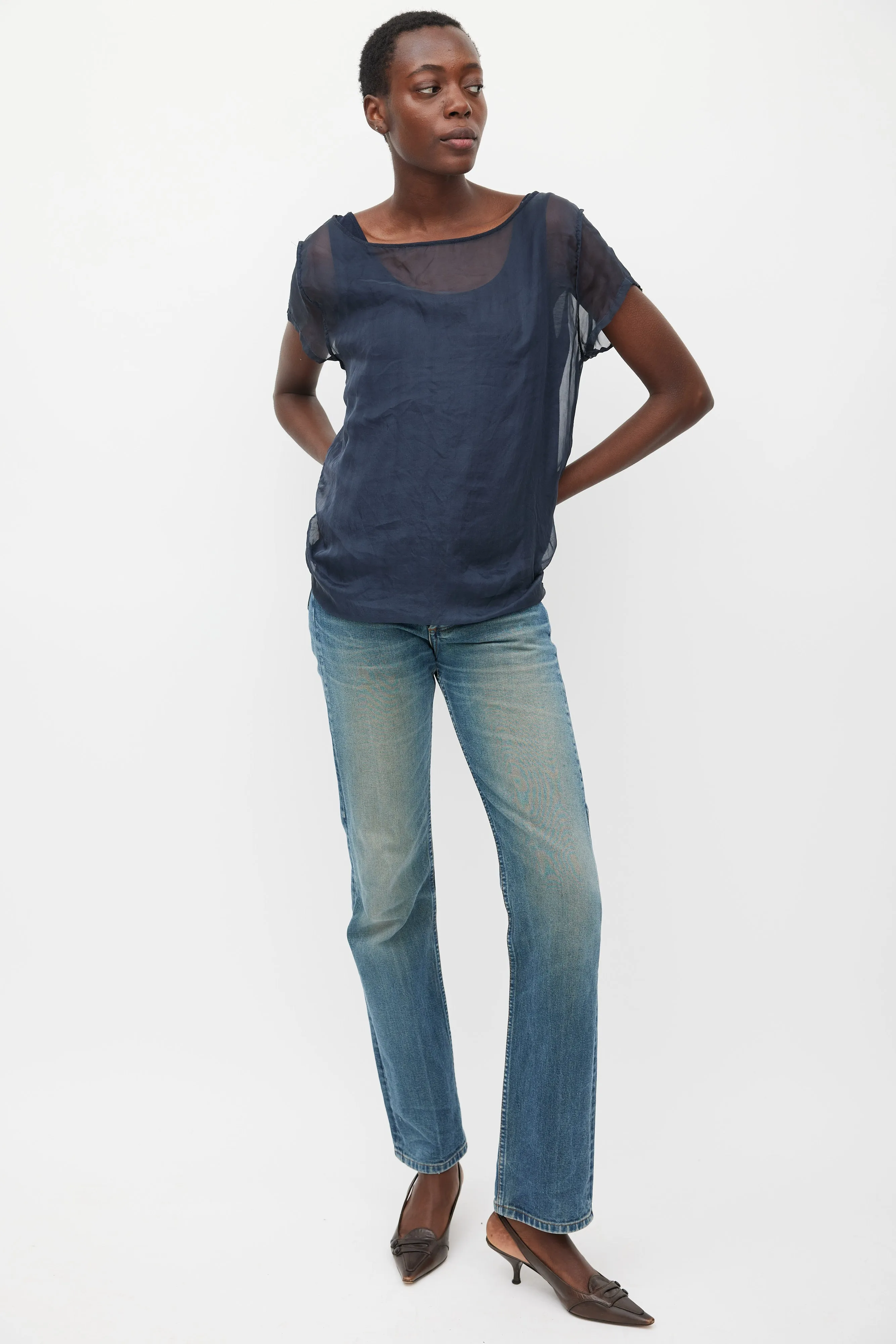 Navy Silk & Cotton Layered Top