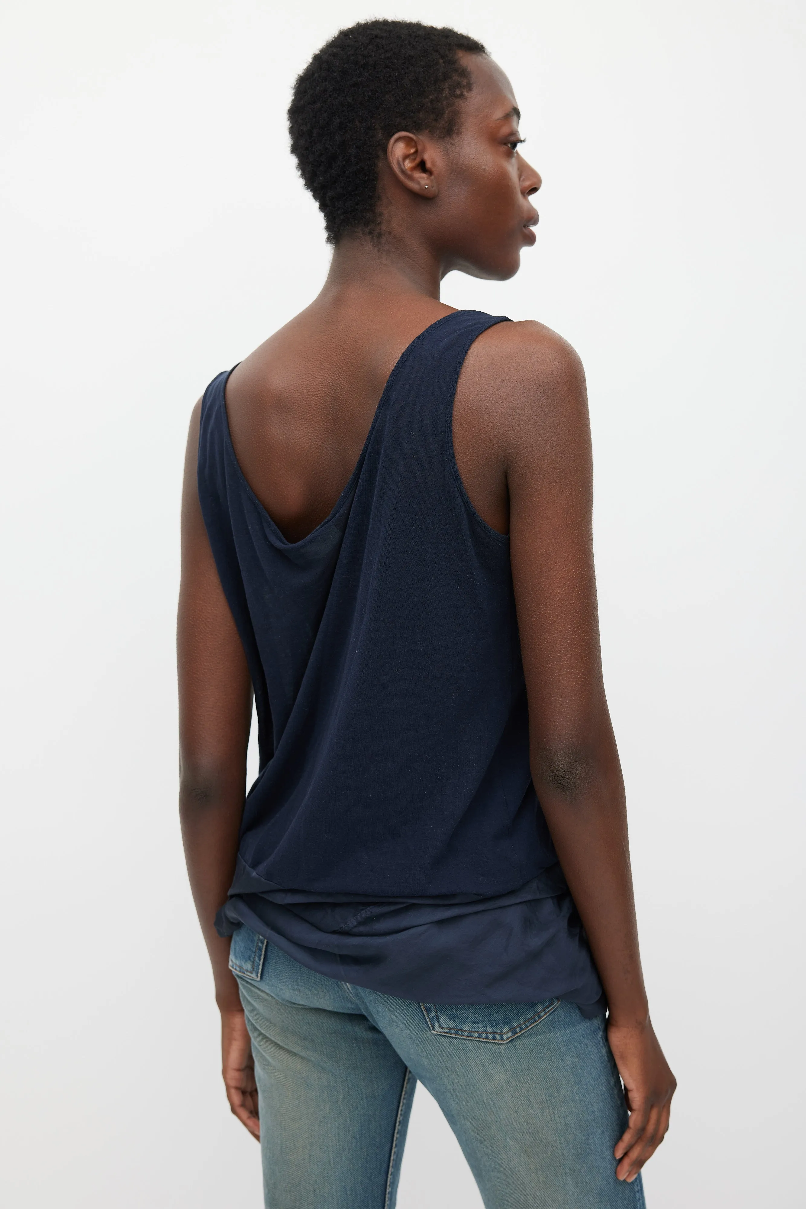 Navy Silk & Cotton Layered Top