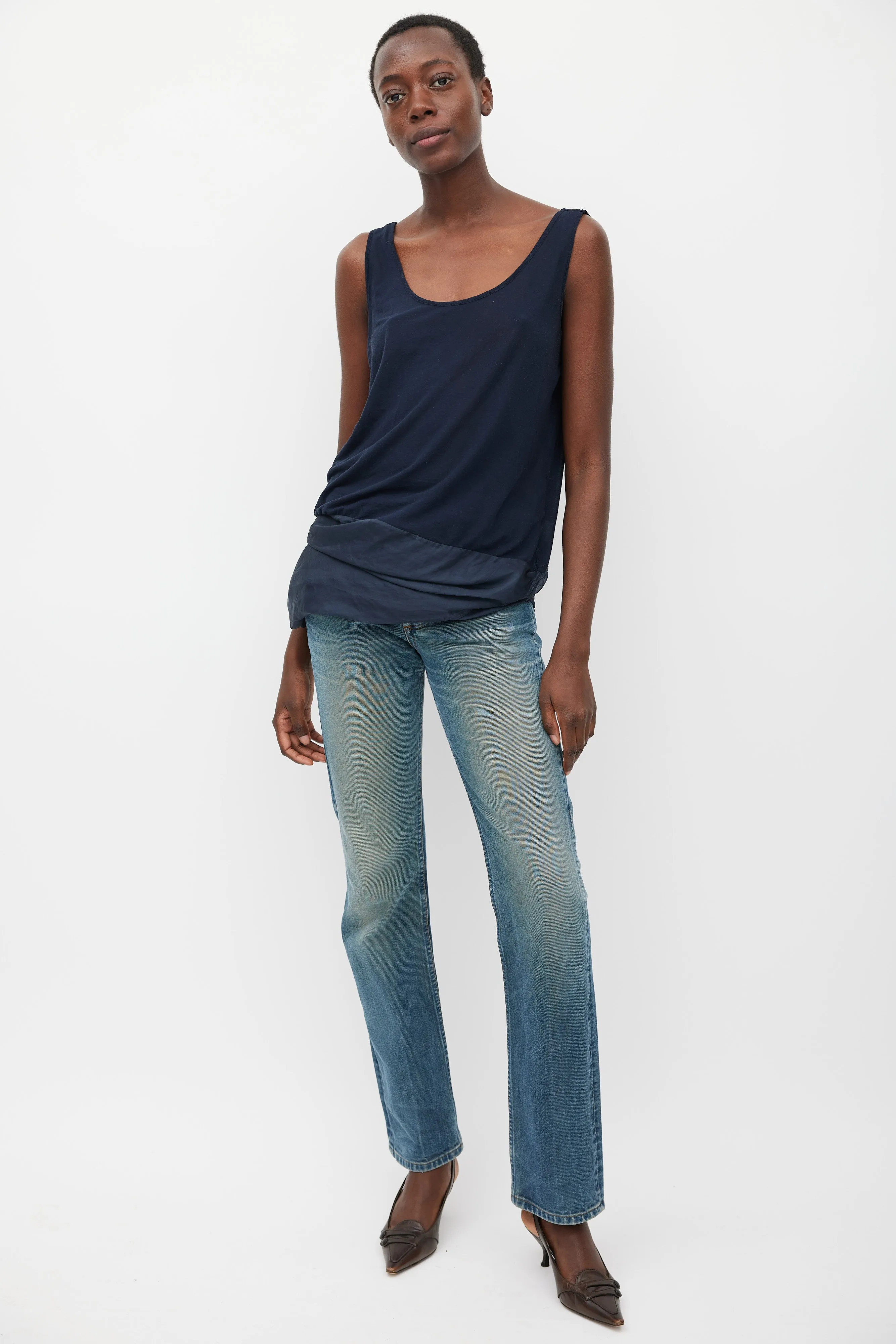 Navy Silk & Cotton Layered Top