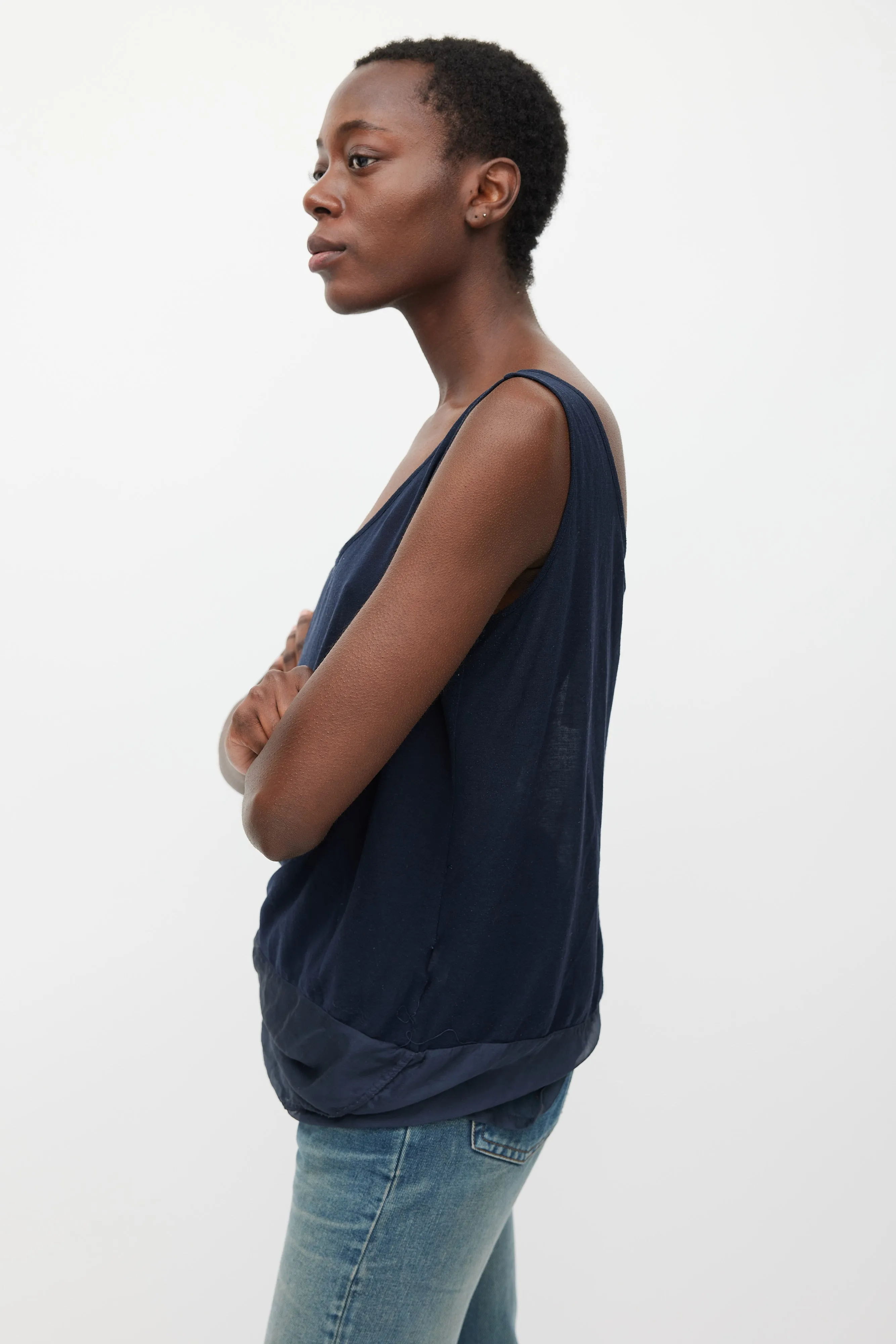 Navy Silk & Cotton Layered Top