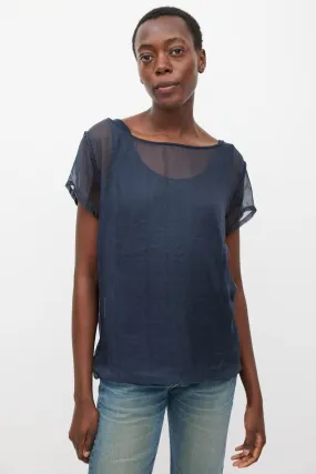 Navy Silk & Cotton Layered Top