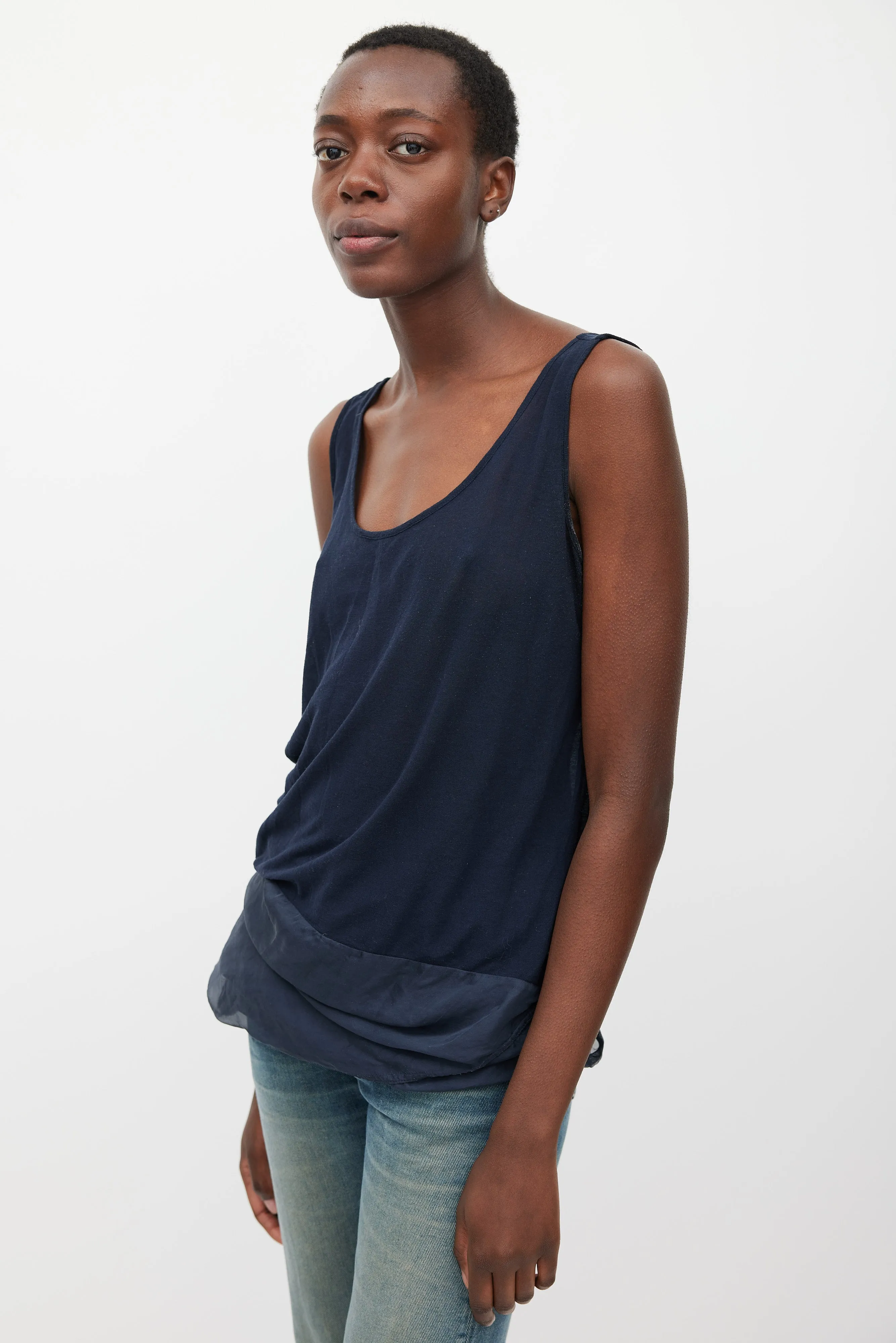 Navy Silk & Cotton Layered Top