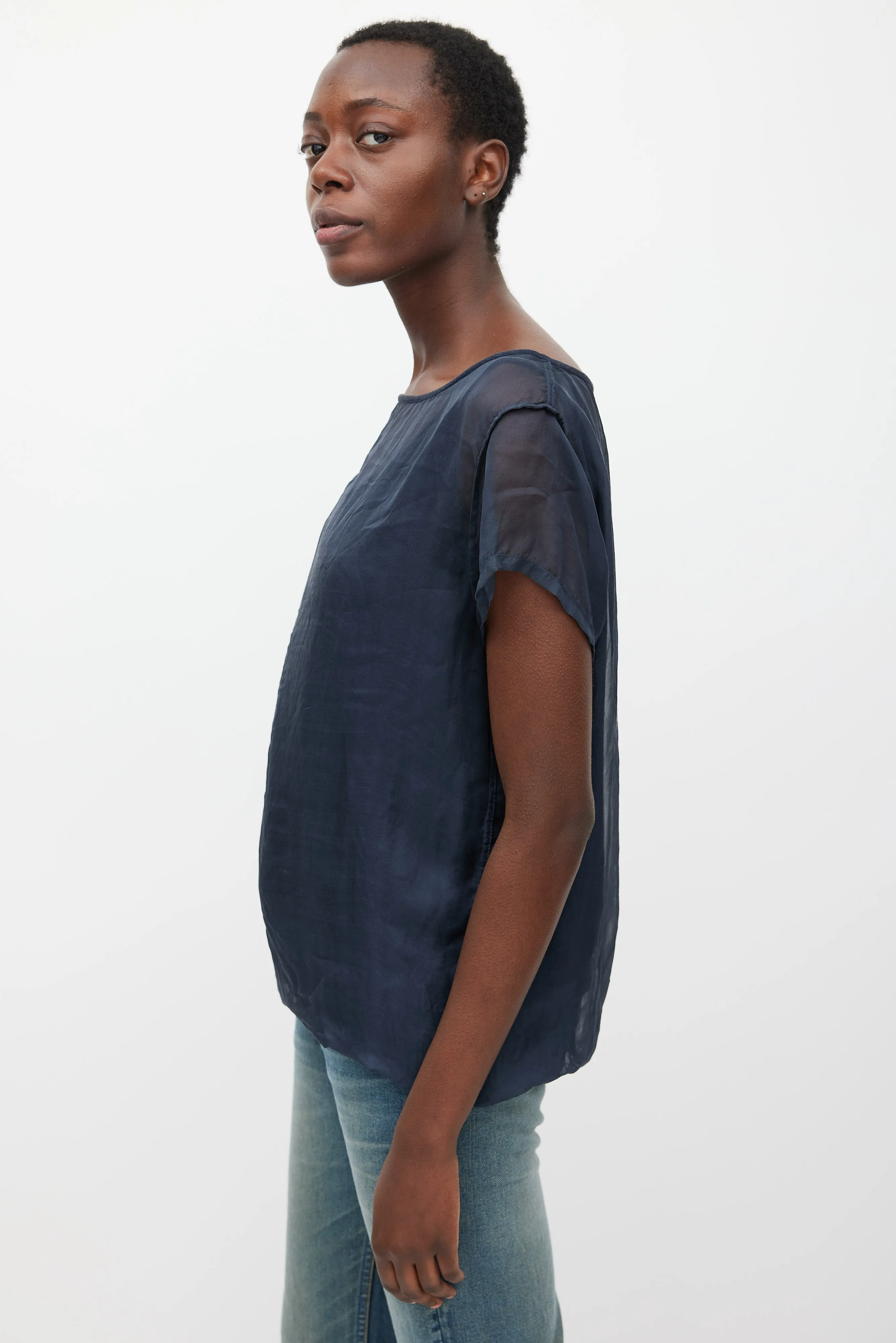 Navy Silk & Cotton Layered Top