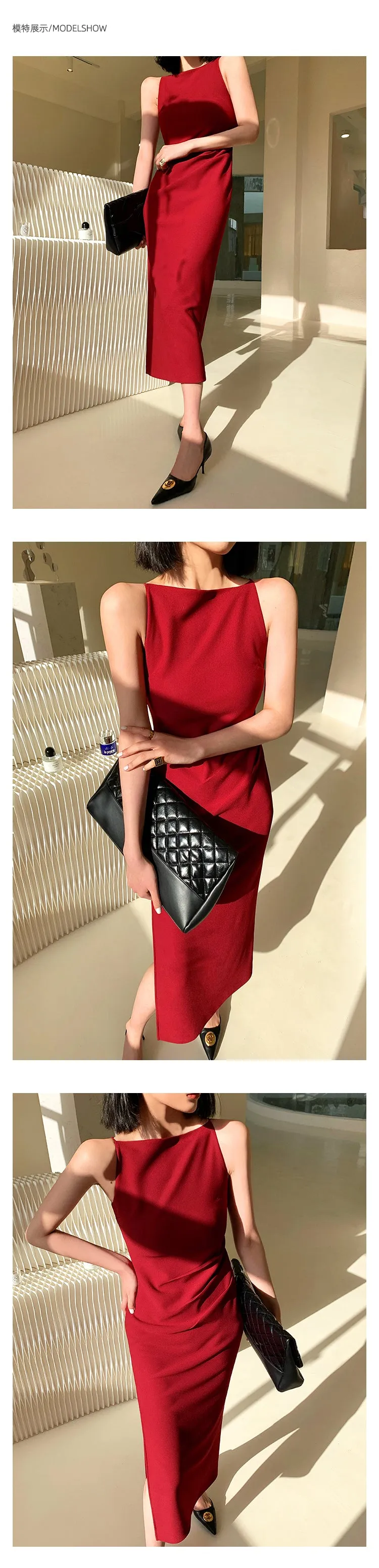 New spring and summer light luxury one-shoulder high-end slit dress- Tiomo red