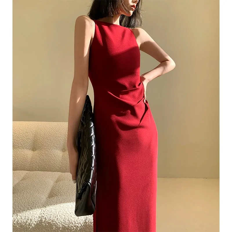 New spring and summer light luxury one-shoulder high-end slit dress- Tiomo red