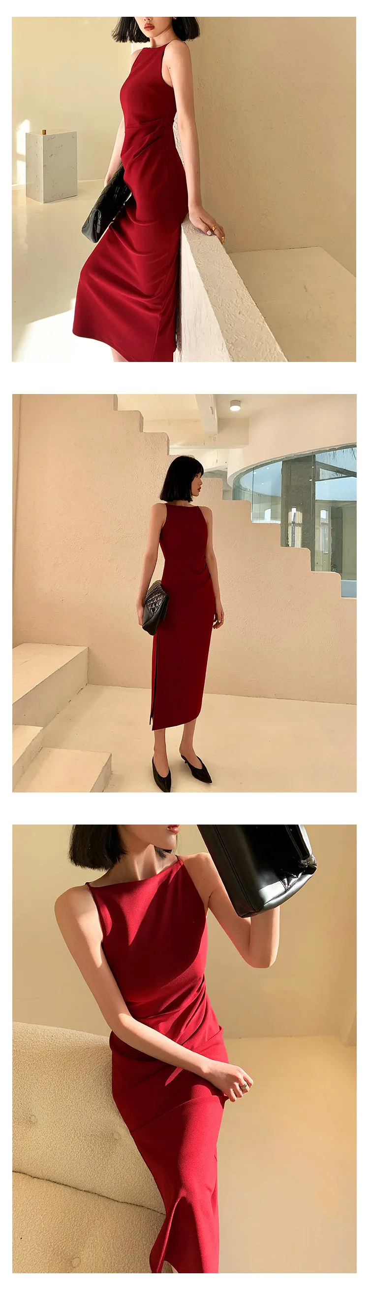 New spring and summer light luxury one-shoulder high-end slit dress- Tiomo red