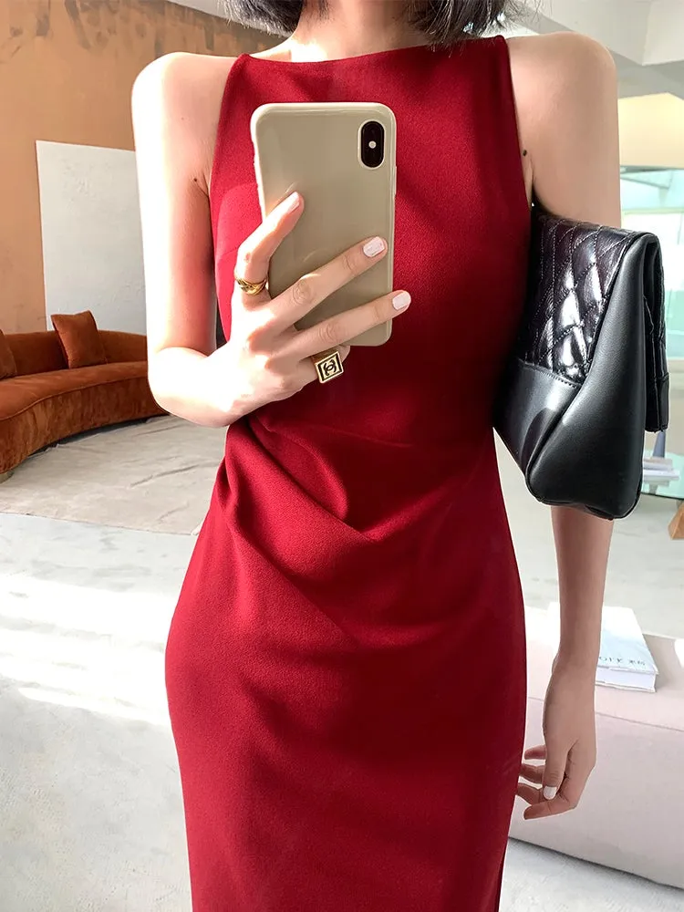 New spring and summer light luxury one-shoulder high-end slit dress- Tiomo red