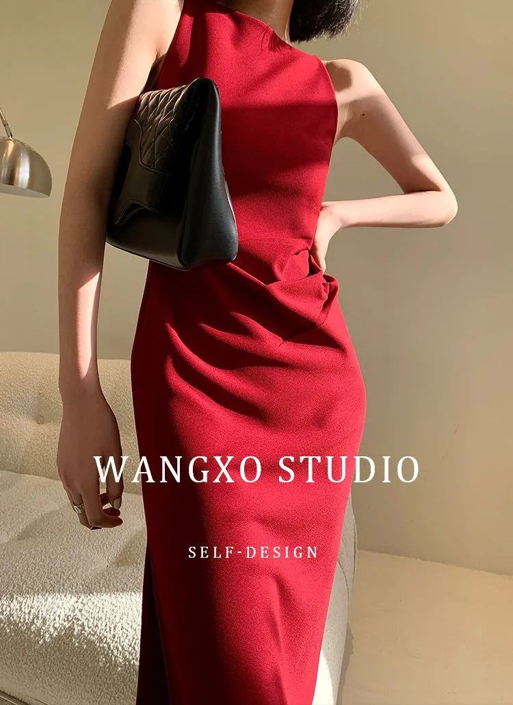 New spring and summer light luxury one-shoulder high-end slit dress- Tiomo red