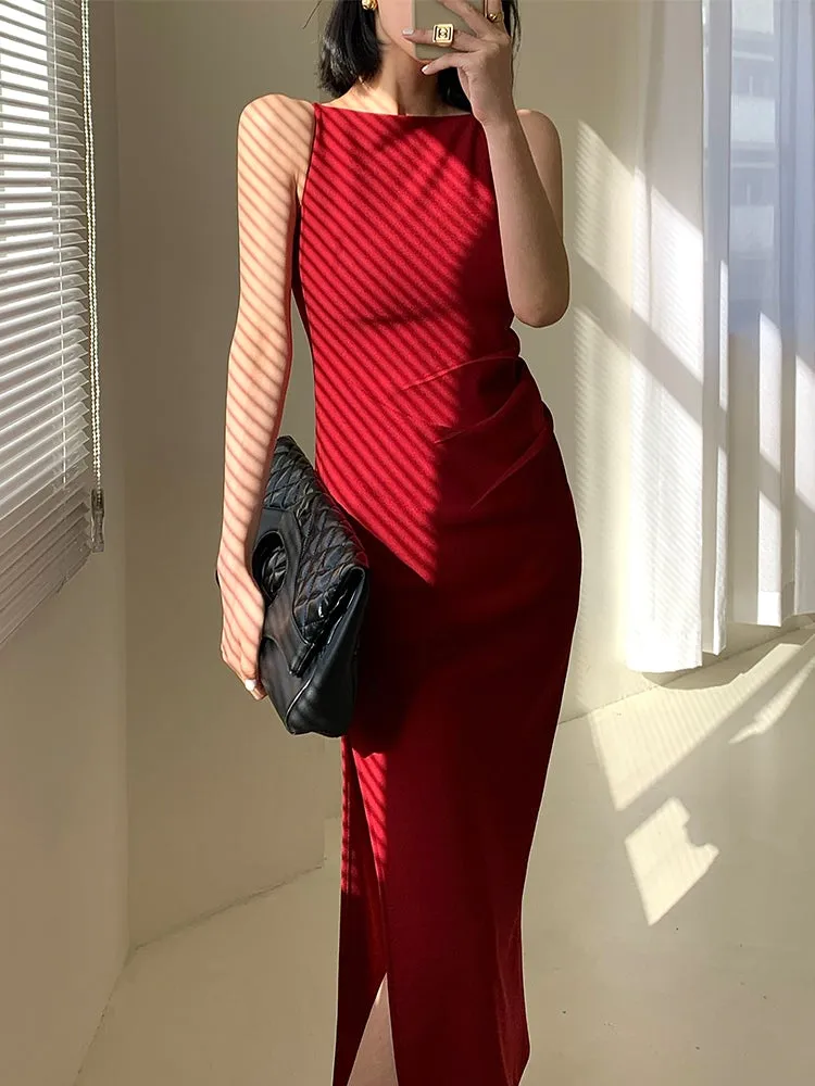 New spring and summer light luxury one-shoulder high-end slit dress- Tiomo red