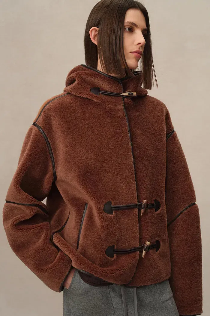 Olga Shearling Hooded Short Jacket in Eco Leather with Wool