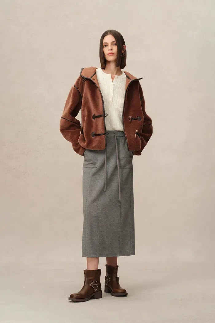 Olga Shearling Hooded Short Jacket in Eco Leather with Wool