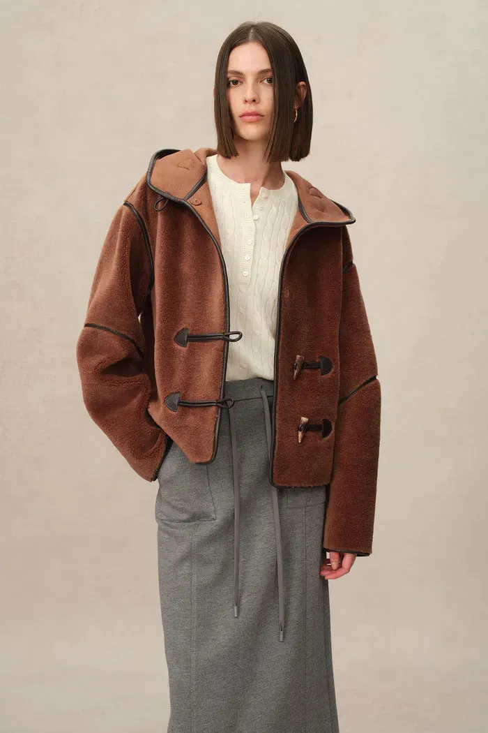 Olga Shearling Hooded Short Jacket in Eco Leather with Wool