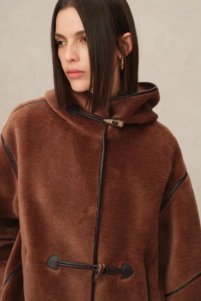 Olga Shearling Hooded Short Jacket in Eco Leather with Wool