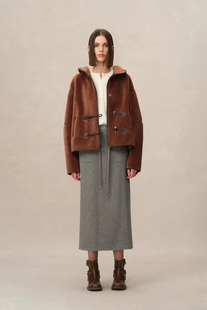 Olga Shearling Hooded Short Jacket in Eco Leather with Wool