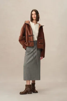 Olga Shearling Hooded Short Jacket in Eco Leather with Wool