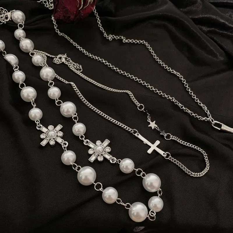 Pearl Beads Cross Multi Layer Silver Chain Necklace