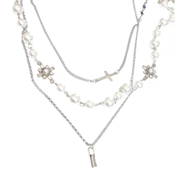 Pearl Beads Cross Multi Layer Silver Chain Necklace