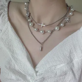 Pearl Beads Cross Multi Layer Silver Chain Necklace