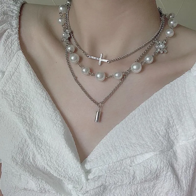 Pearl Beads Cross Multi Layer Silver Chain Necklace