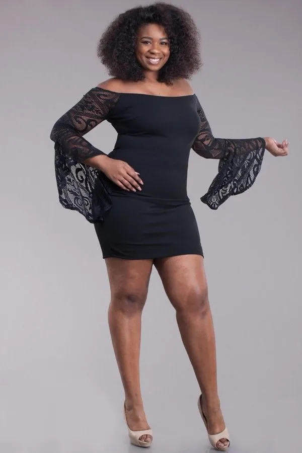 Plus Black Off Shoulder Dress Trumpet Bell Sleeve Lace Bodycon Mini Cocktail