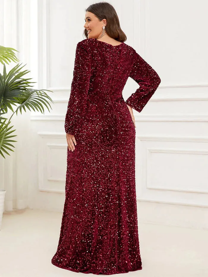 Plus Size Sweetheart Long Sleeve Sequin Bodycon Evening Dress with Slit