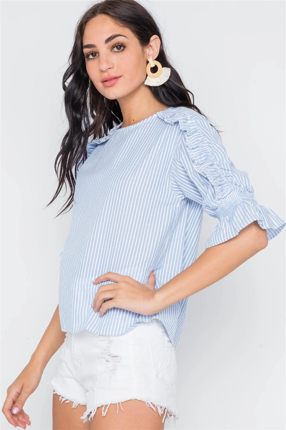 Powder Blue Stripe 3/4 Sleeve Ruffle Layer Top